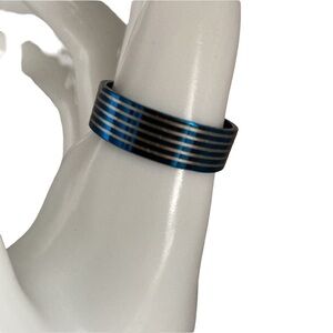 New Blue & Silver Tone Stripe Stainless Steel Band Ring w/ Box Women Men Size 11
